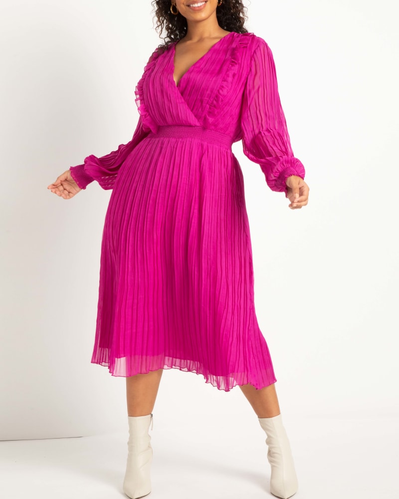 Plus size model wearing Ella Pleated Power Midi Dress by ELOQUII | Dia&Co | dia_product_style_image_id:189302